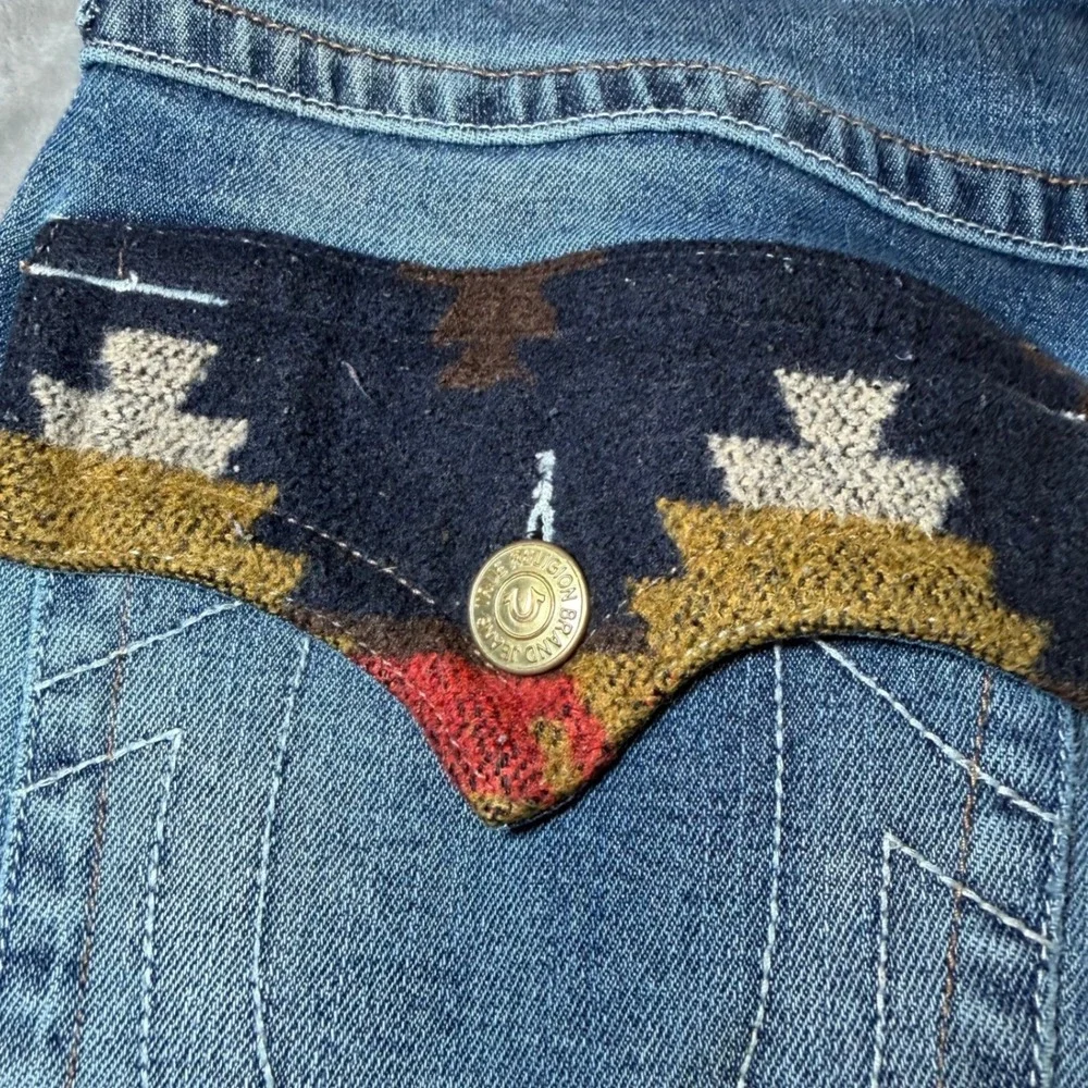 True Religion Mens Size 32 Ricky Relaxed Straight Jeans Distressed Flap Pockets